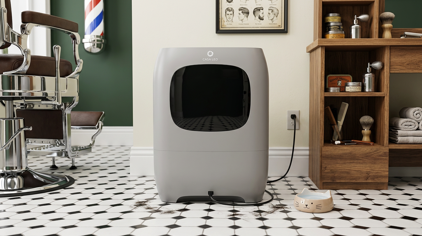 Gray AIRTHEREAL T1 on a black and white tiled floor in a barbershop, plugged into a wall outlet