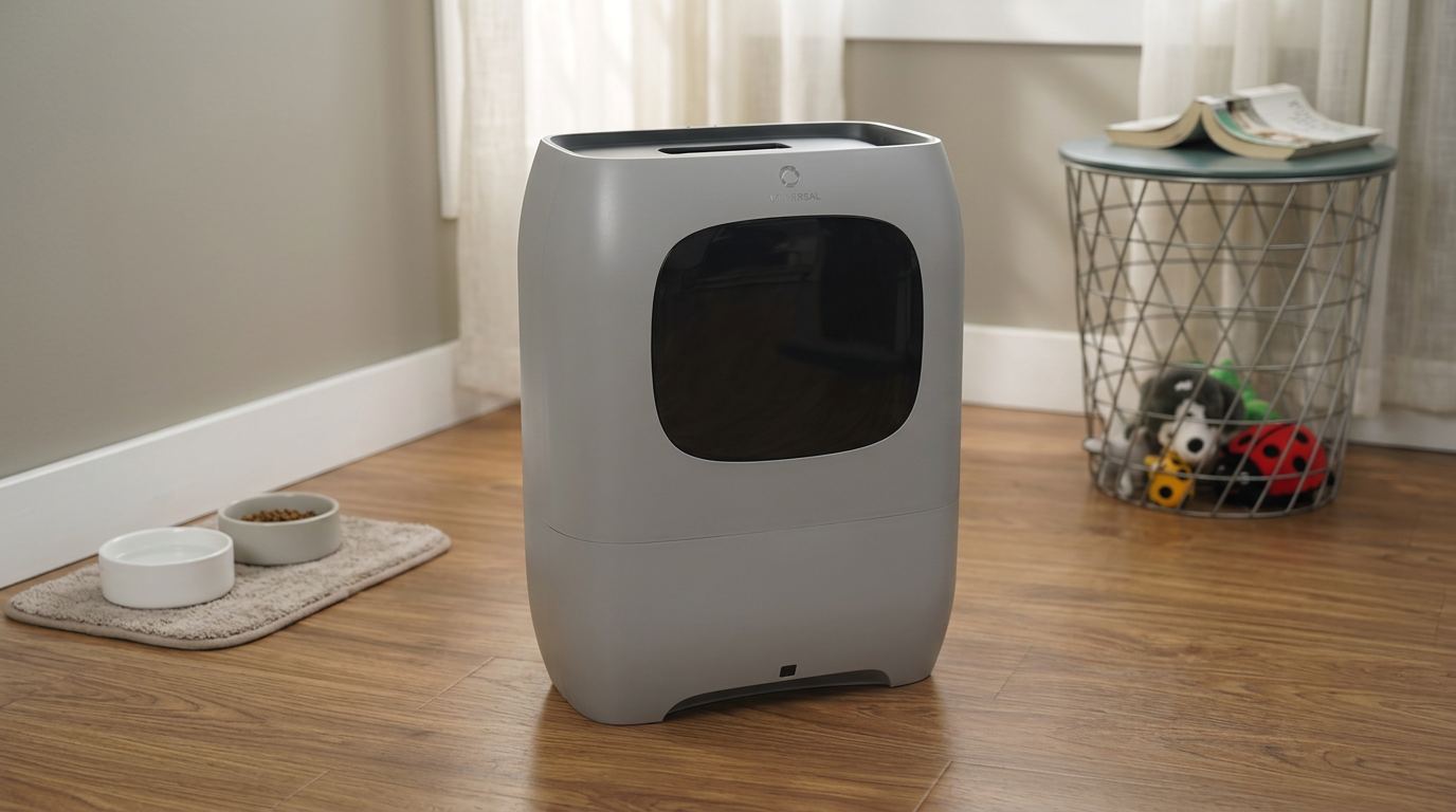 AIRTHEREAL T1 touchless vacuum standing against a wall on a wooden floor next to pet bowls