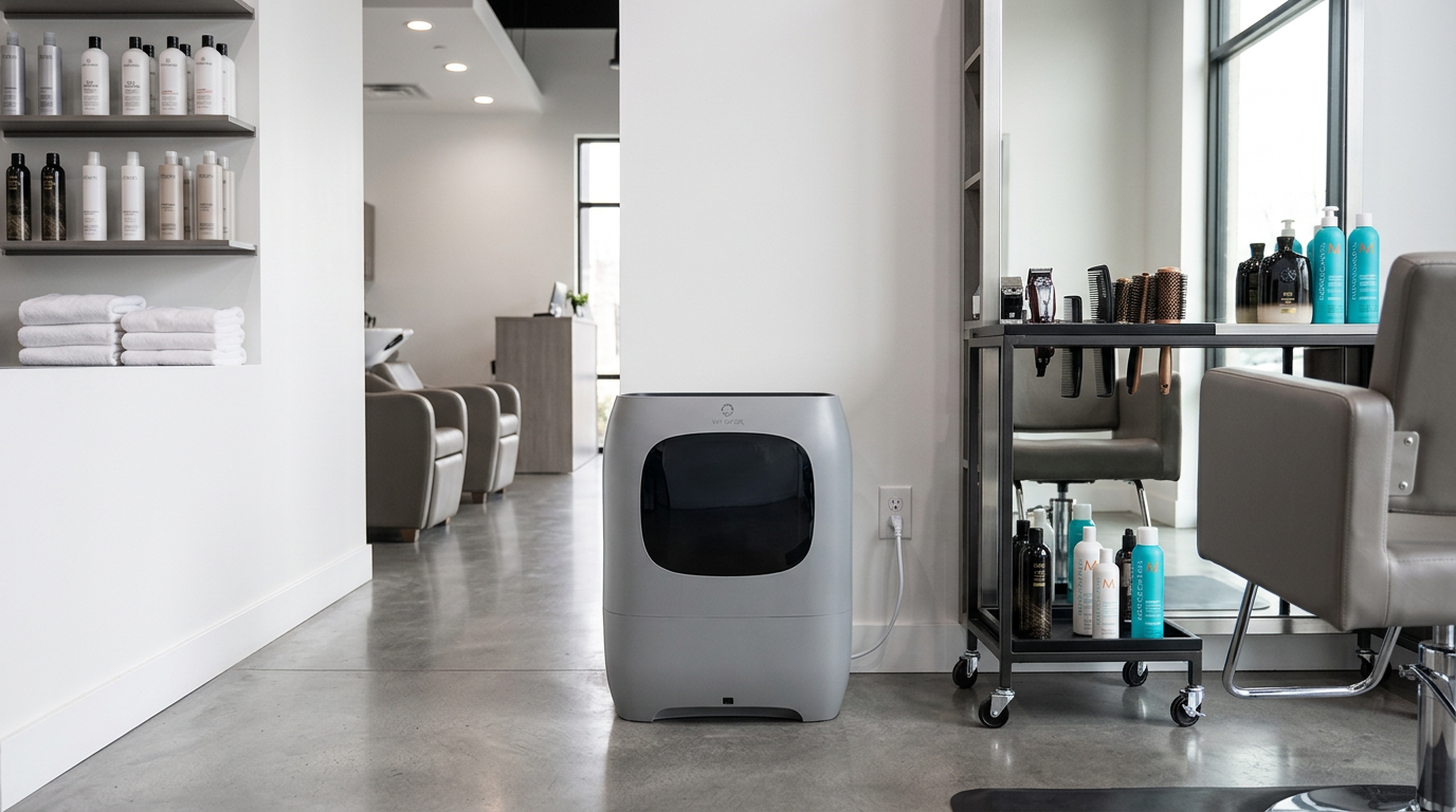 AIRTHEREAL T1 in a bright, modern hair salon with a polished concrete floor