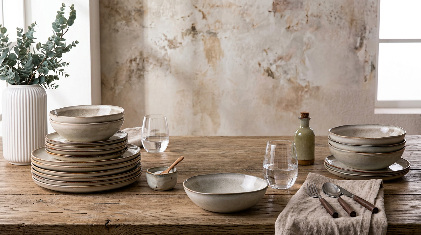Illustration of AmorArc stoneware plates and bowls stacked on a rustic wooden table