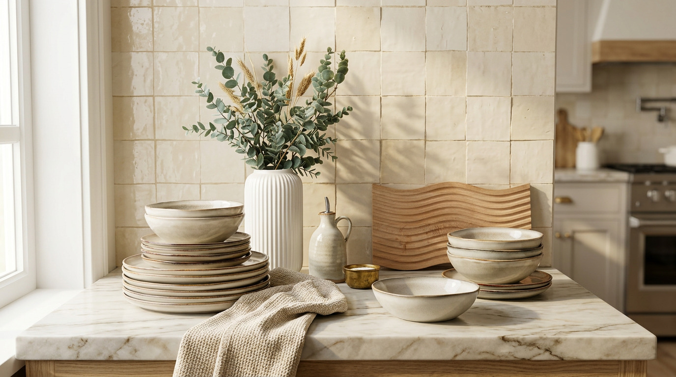 Illustration of AmorArc plates and bowls on a marble kitchen counter