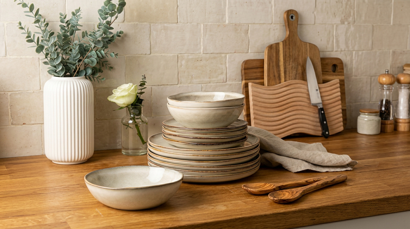 Illustration of a stack of AmorArc dinner plates and bowls on a wooden counter