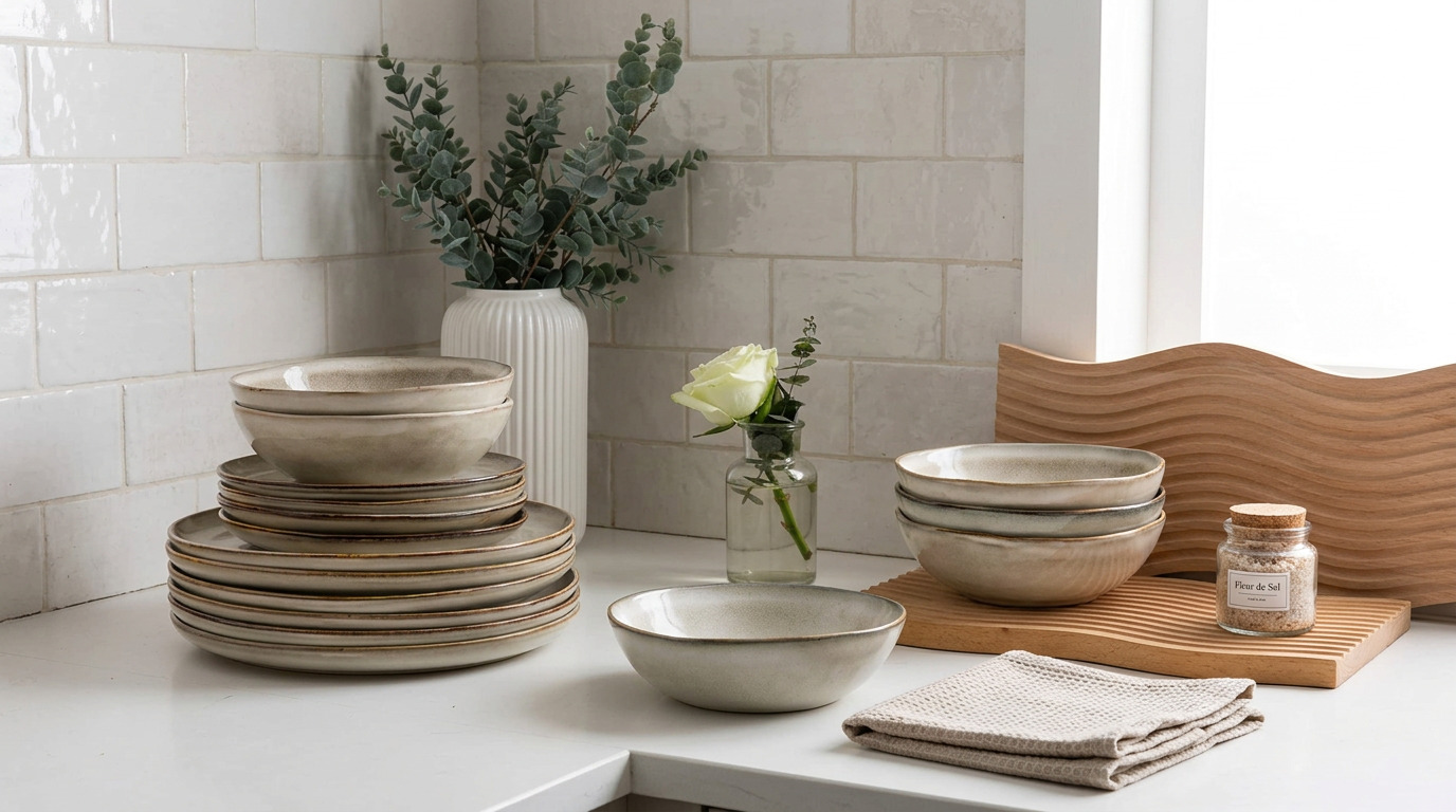 Illustration of AmorArc plates and bowls on a white kitchen counter