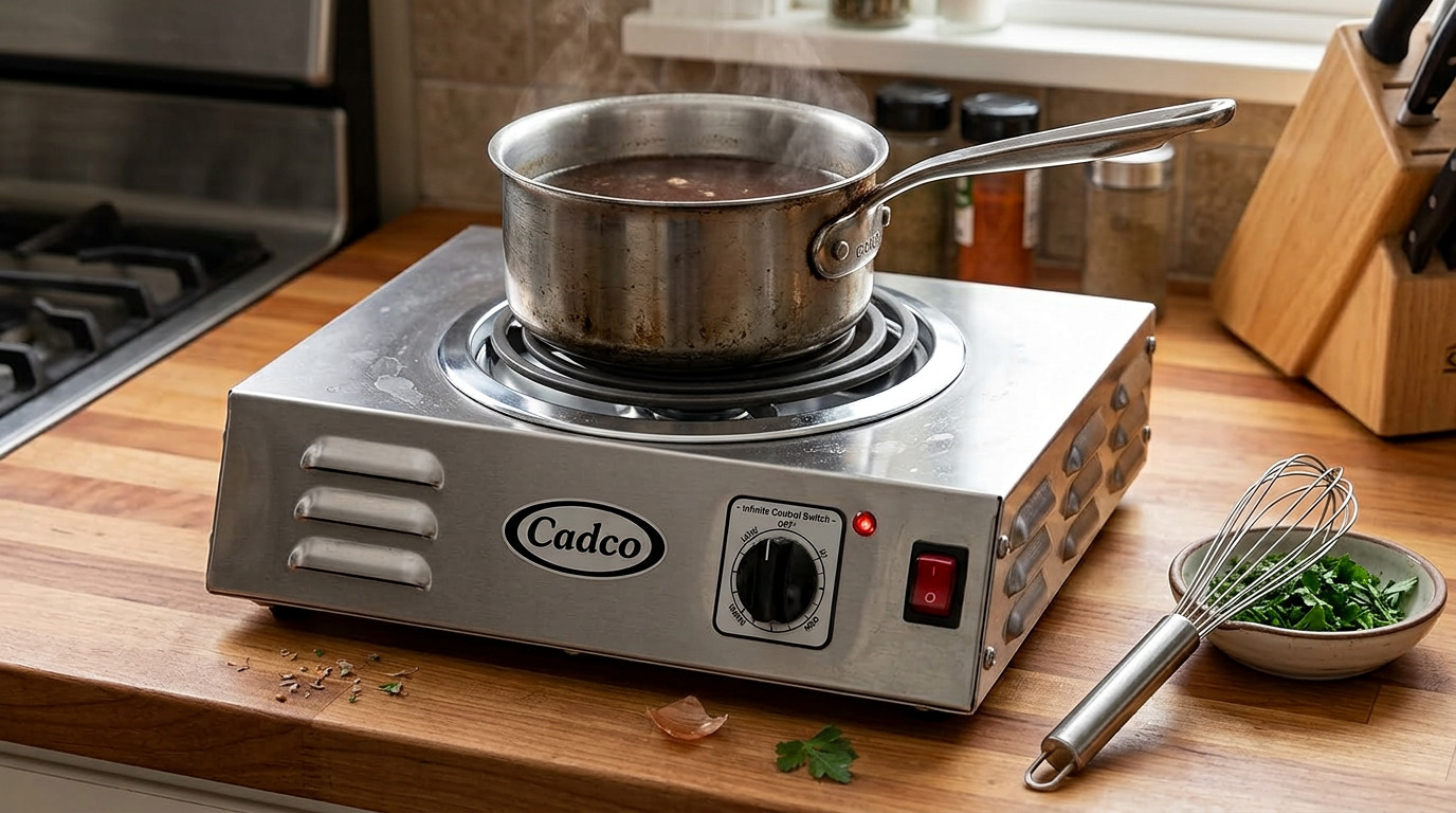 Illustration of the Cadco CSR-3T hot plate on a kitchen counter