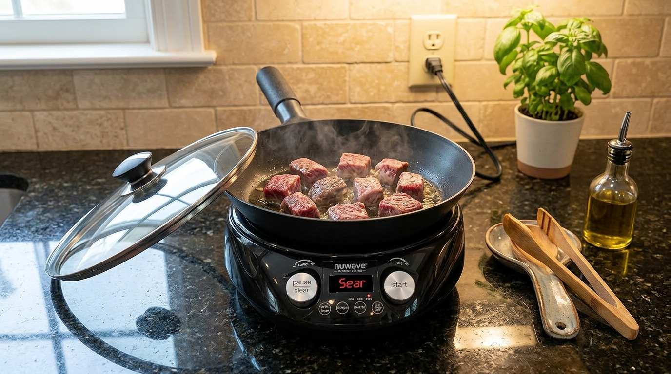 Illustration of the Cadco CSR-3T hot plate with a pan of food on the burner