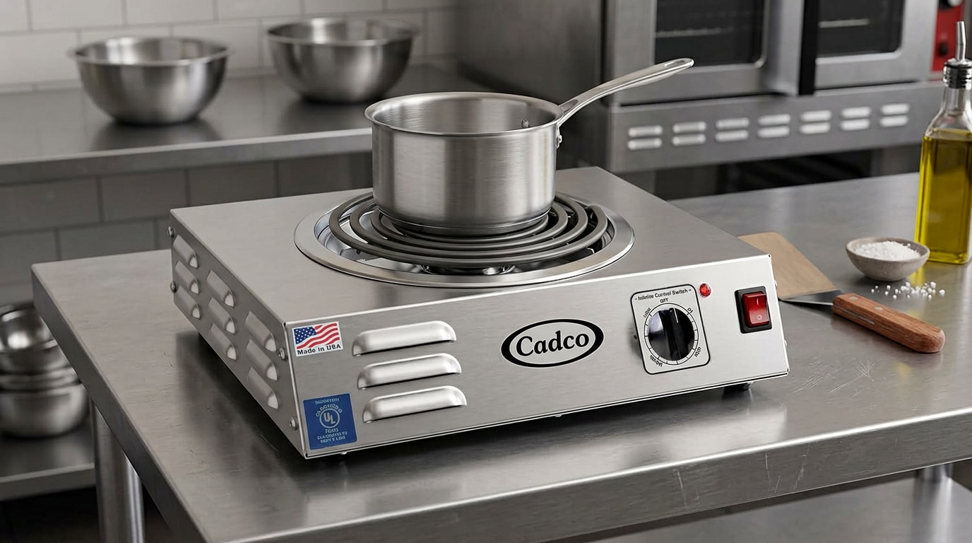 Illustration of the Cadco CSR-3T stainless steel hot plate in a work setting
