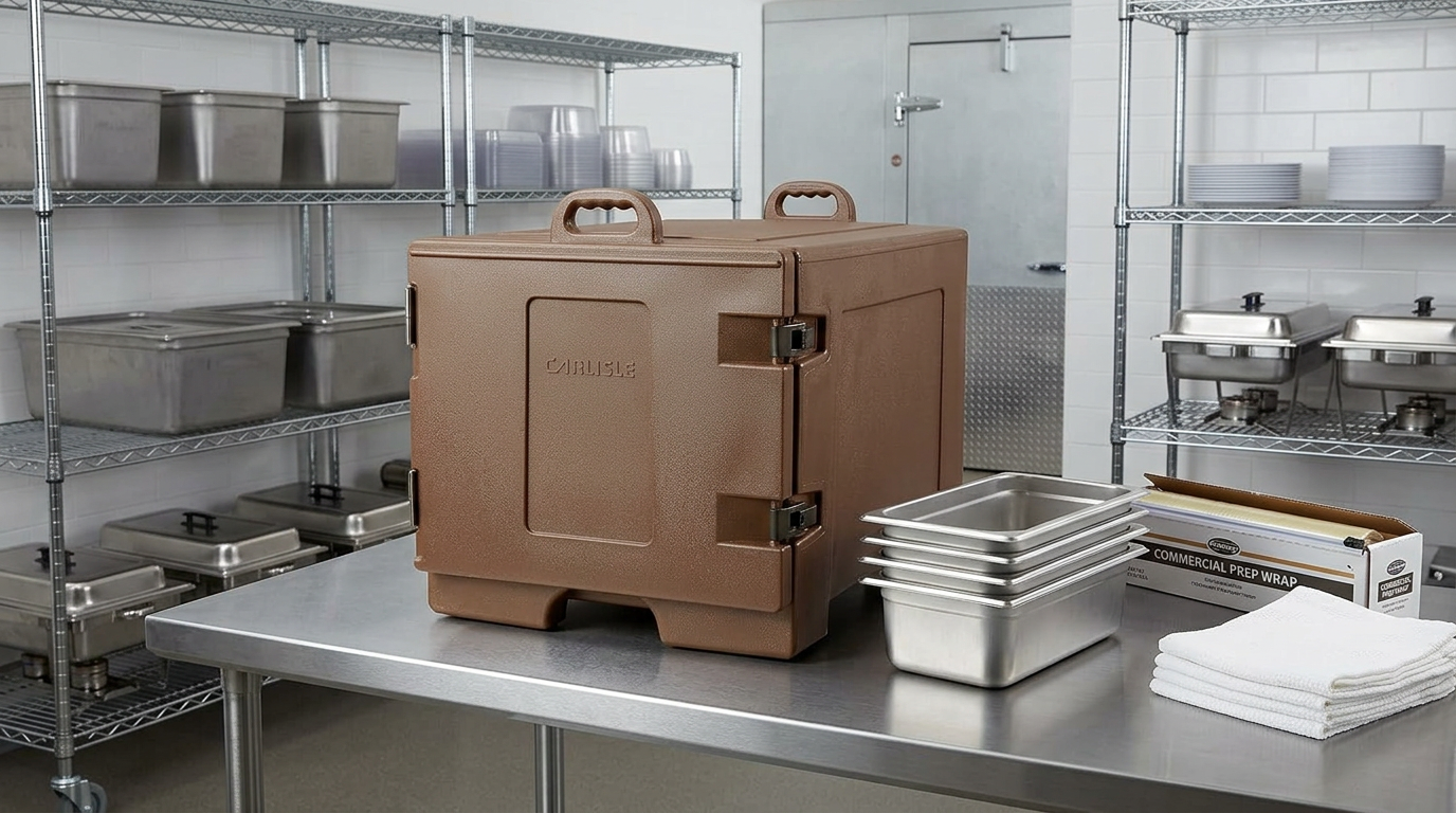 Brown Carlisle Cateraide insulated food carrier with two top handles in a commercial kitchen