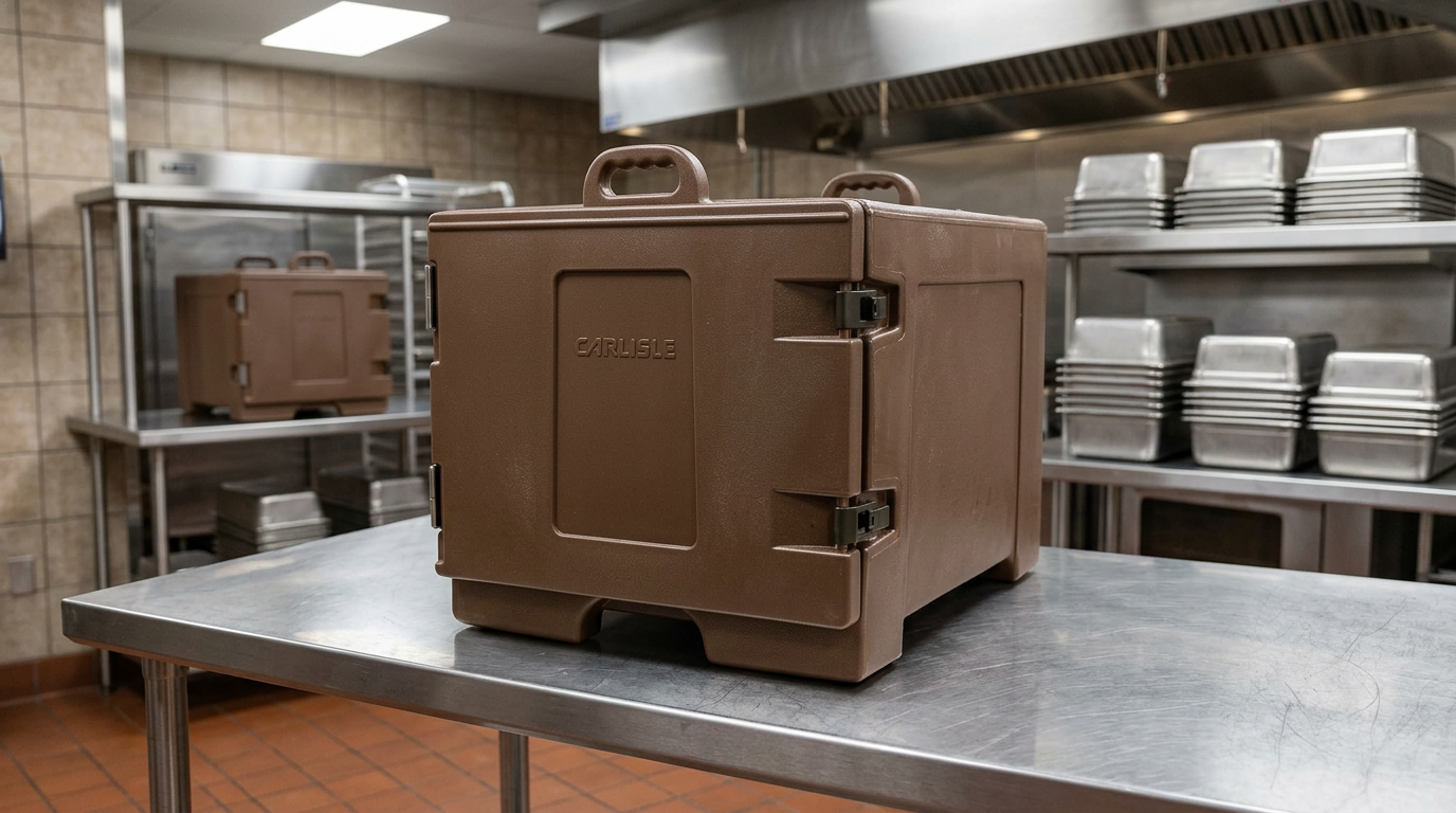 Carlisle Cateraide insulated carrier showing its rugged polyethylene shell and door latches