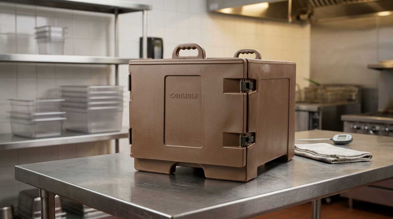 Carlisle Cateraide insulated food pan carrier standing on a clean prep area