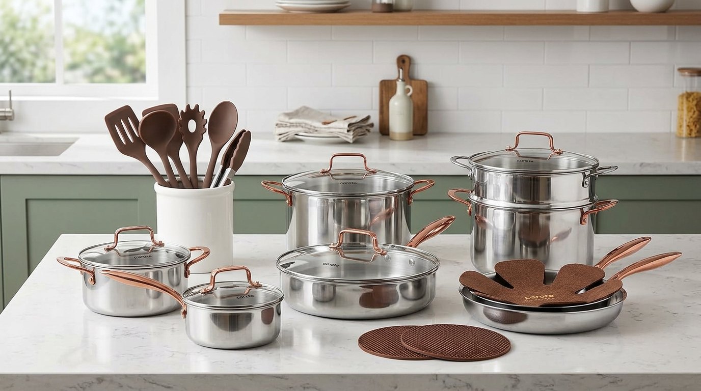 CAROTE stainless steel pots and pans with copper-tone handles on a kitchen counter with utensils and pan protectors