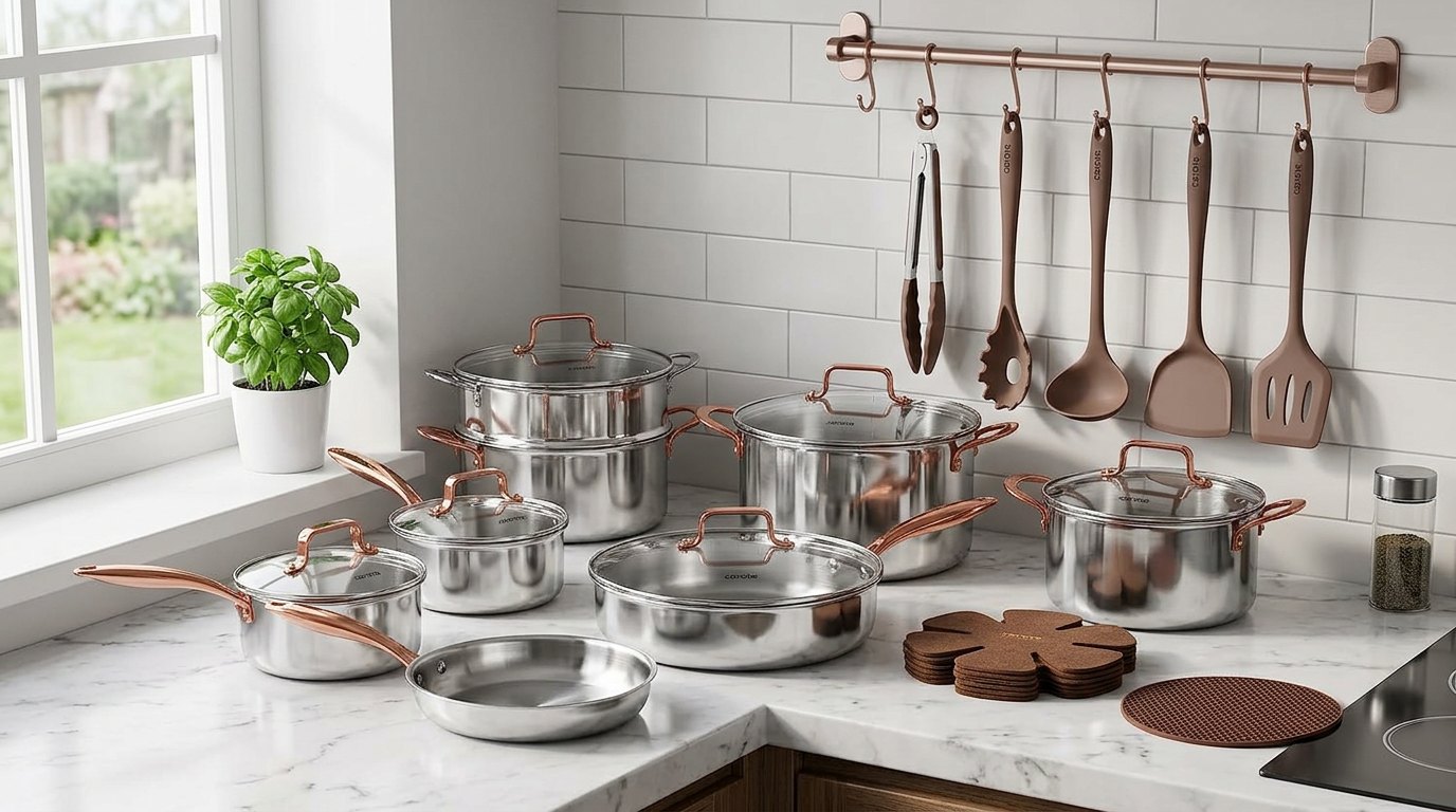 CAROTE stainless steel pots and pans on a counter by a window with copper-tone utensils hanging on a rail