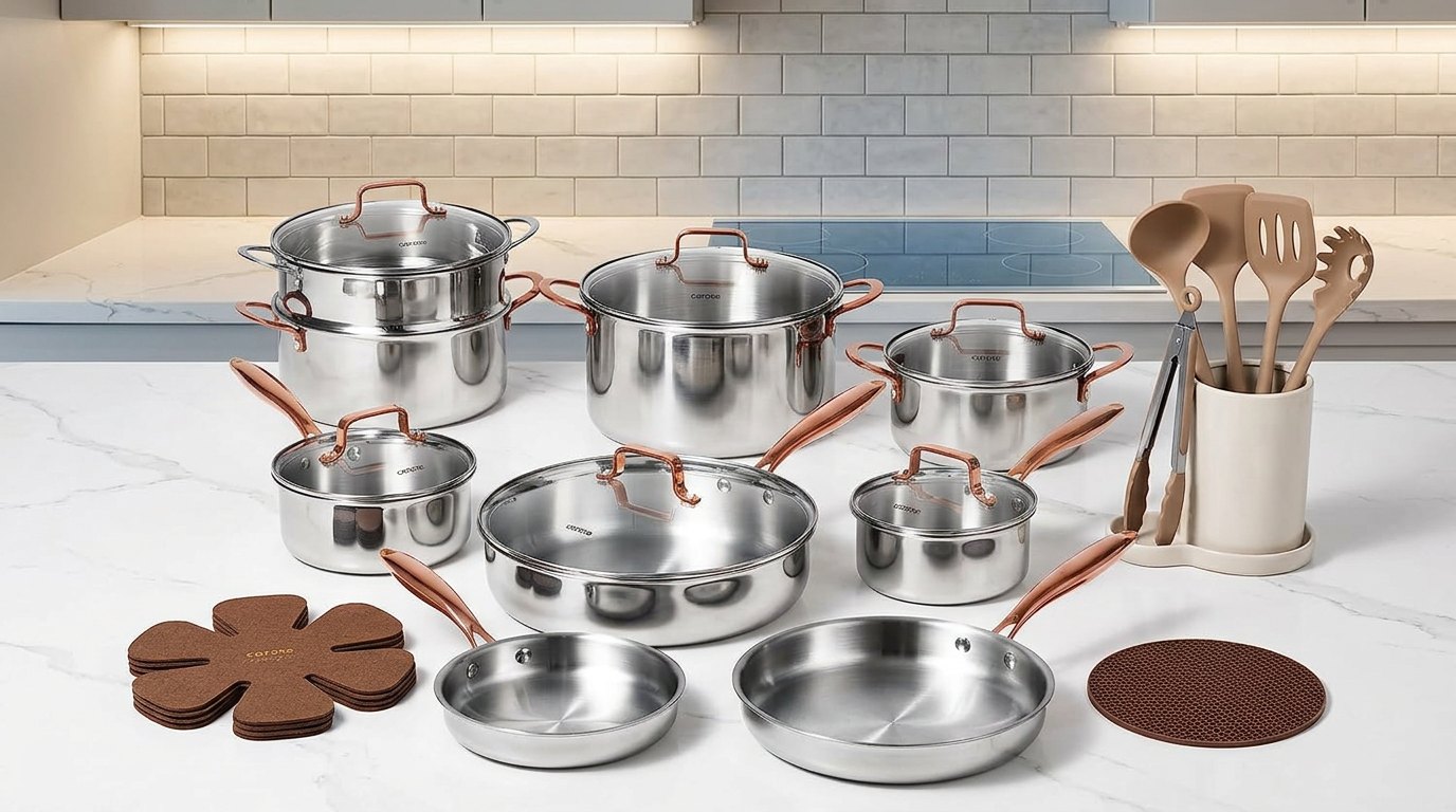 CAROTE stainless steel pots and pans arranged on a marble counter with silicone pan protectors and utensils