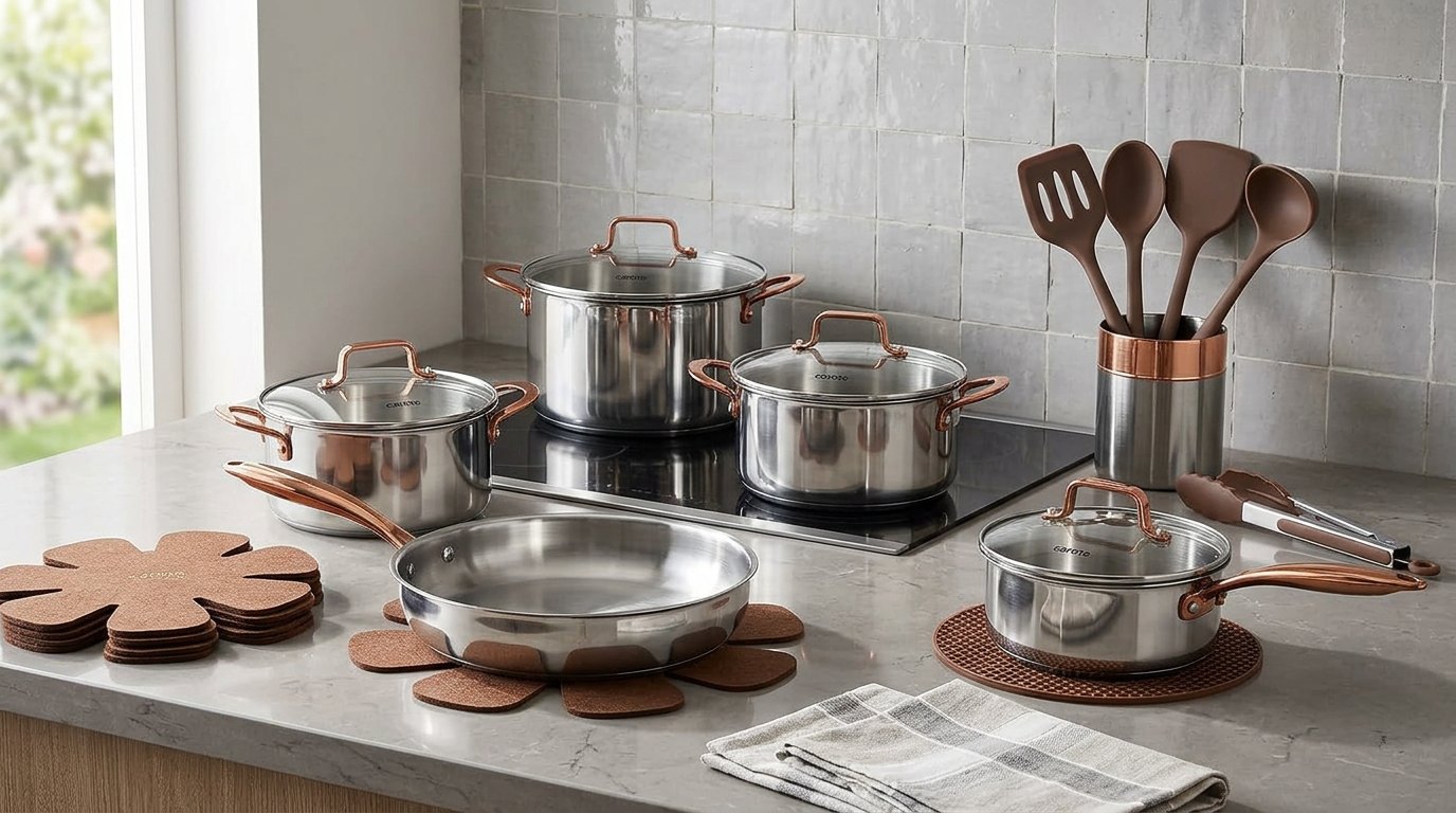 CAROTE stainless steel pots and a frying pan on an induction cooktop with copper-tone utensils