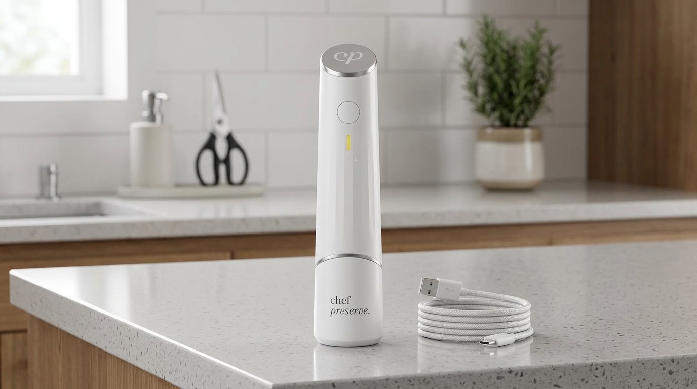 White Chef Preserve handheld vacuum sealer standing on a kitchen counter next to its charging cable