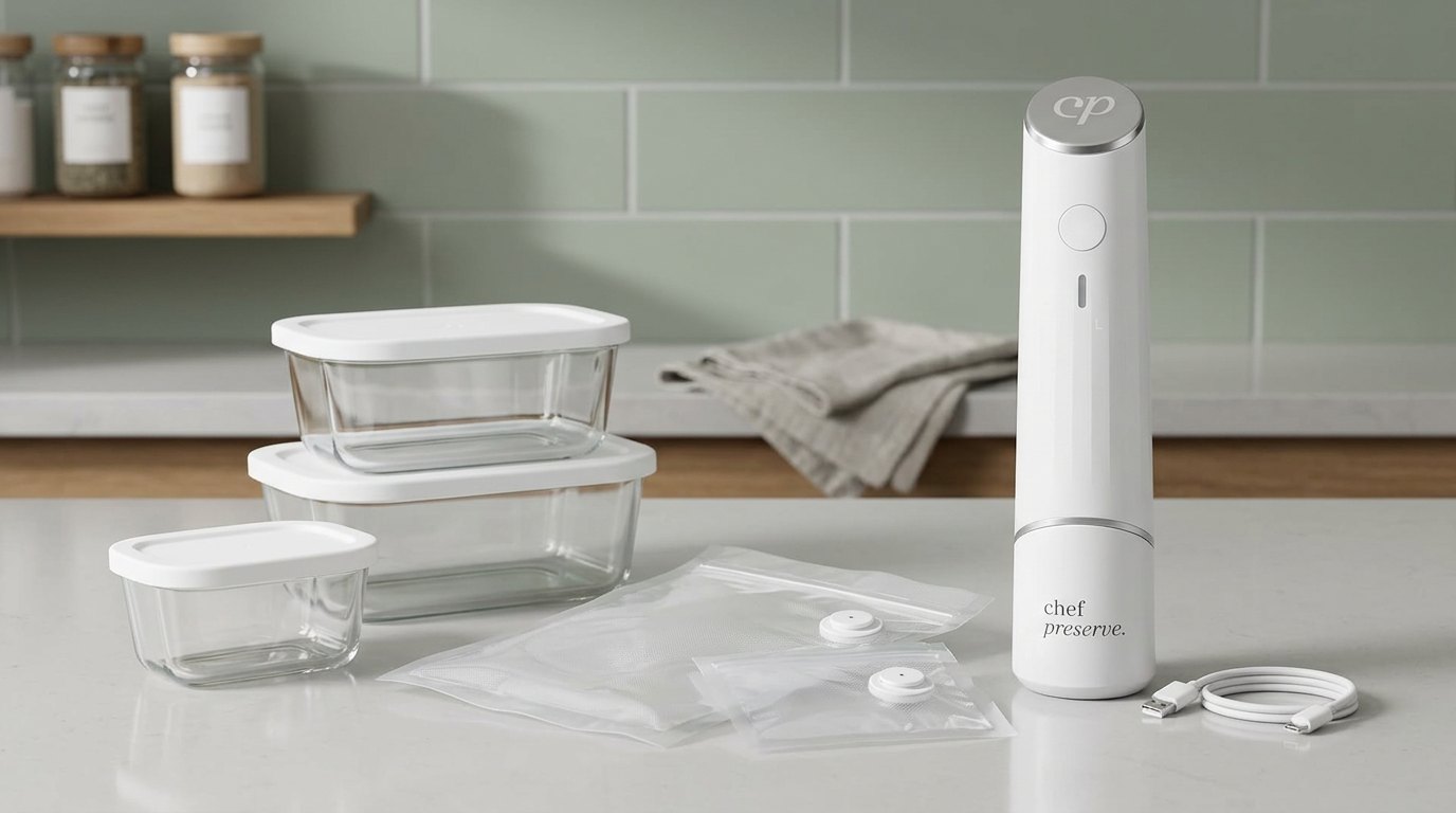 Chef Preserve sealer on a counter with glass vacuum containers, a stack of reusable bags and a charging cable