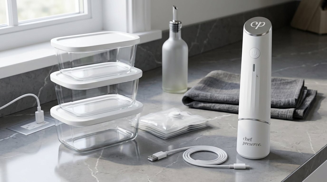 Three stacked Chef Preserve glass containers with white lids beside the handheld sealer and a pile of reusable bags
