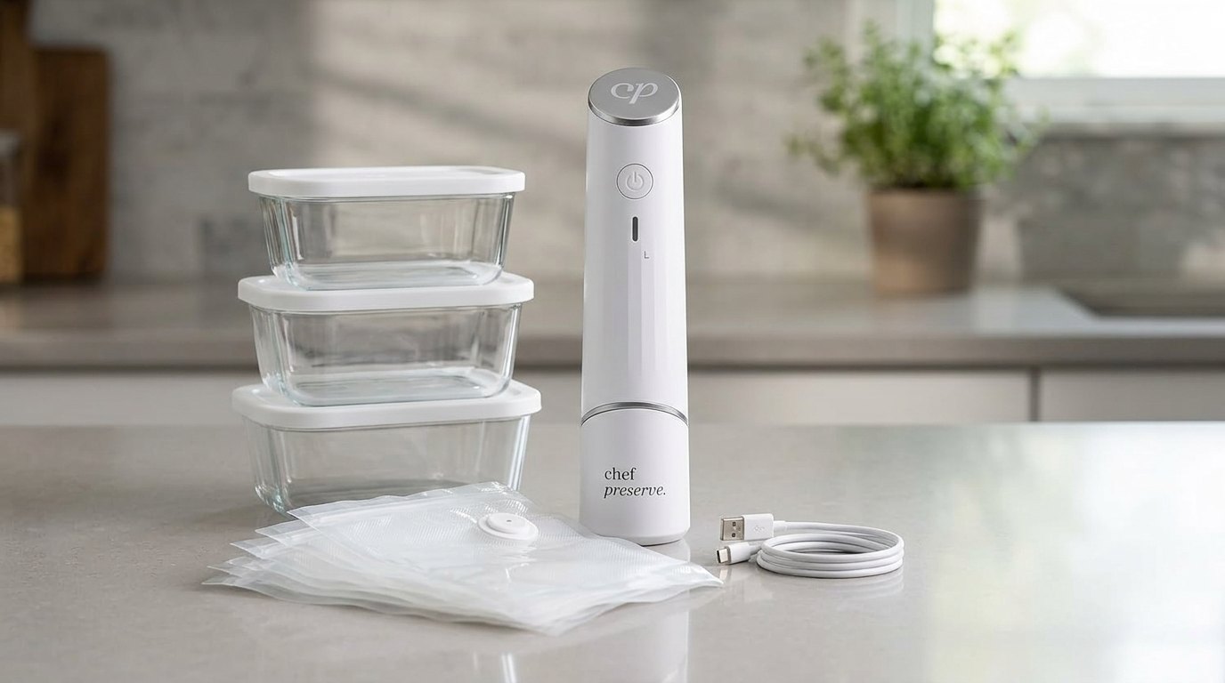 Chef Preserve sealer beside stacked glass containers and reusable bags on a counter by a window with a plant