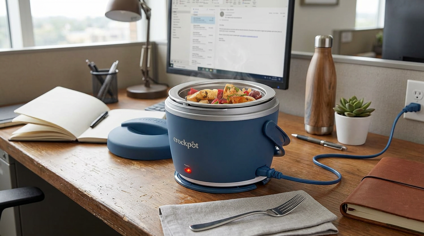 Blue Crock-Pot Lunch Crock on an office desk with the lids off, showing a full 20-ounce portion of pasta and vegetables in the container
