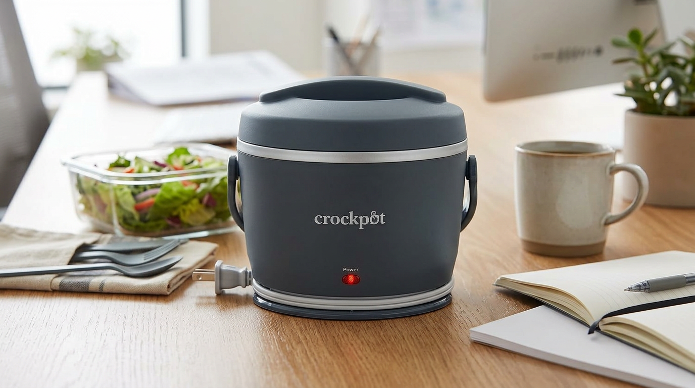 Dark gray Crock-Pot Lunch Crock with its outer lid closed on a desk next to a salad container, a mug and a notebook