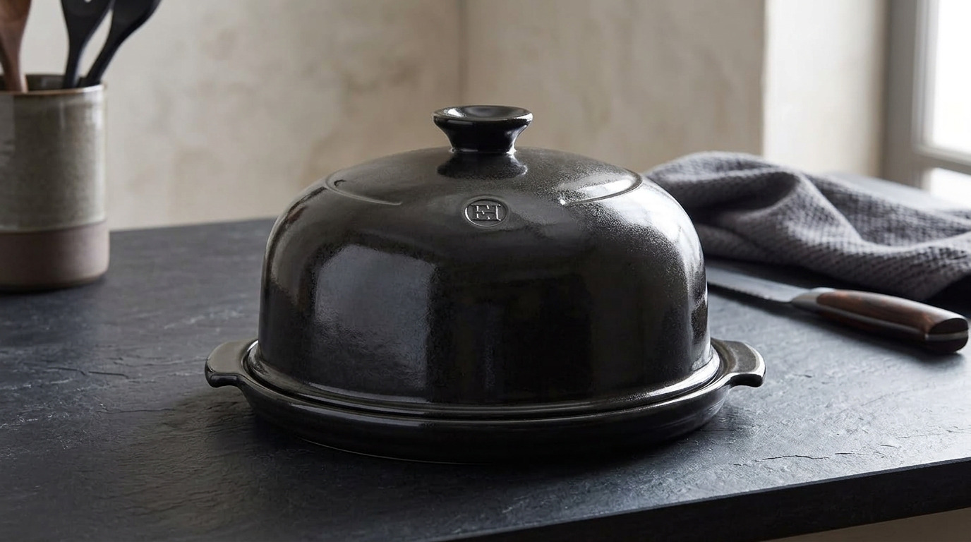 Illustration of the Emile Henry charcoal bread cloche on a dark stone counter