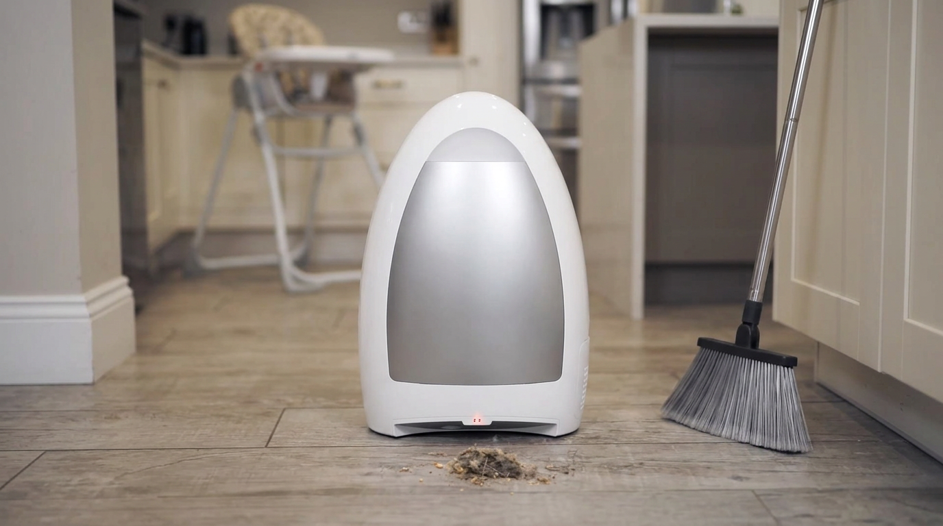 EyeVac Home touchless vacuum in a kitchen with a small pile of swept debris in front of the inlet