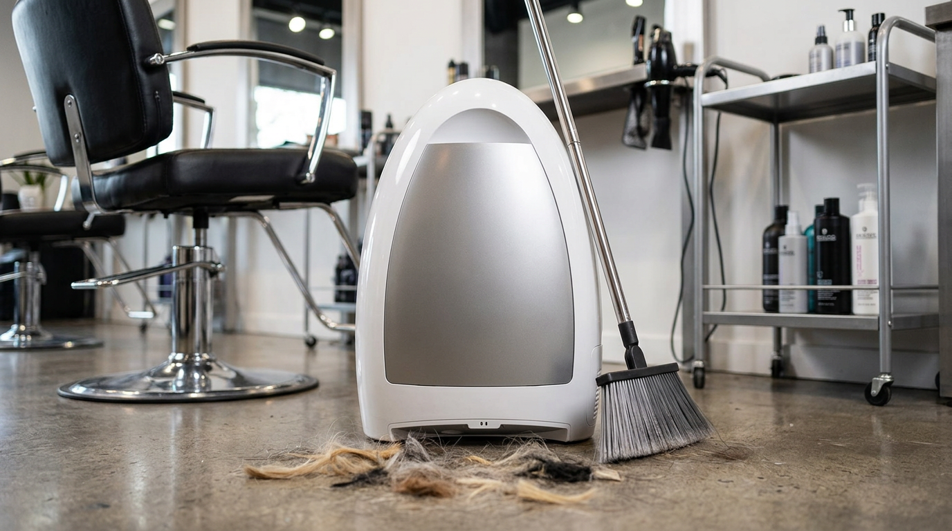 EyeVac Home in a hair salon with cut hair swept in front of it