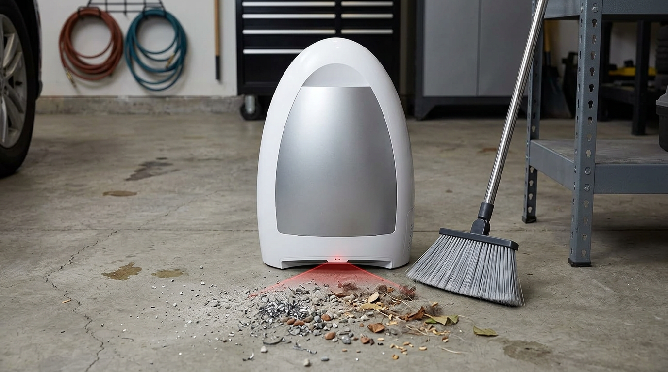 EyeVac Home on a garage floor with leaves and grit swept in front of the sensor