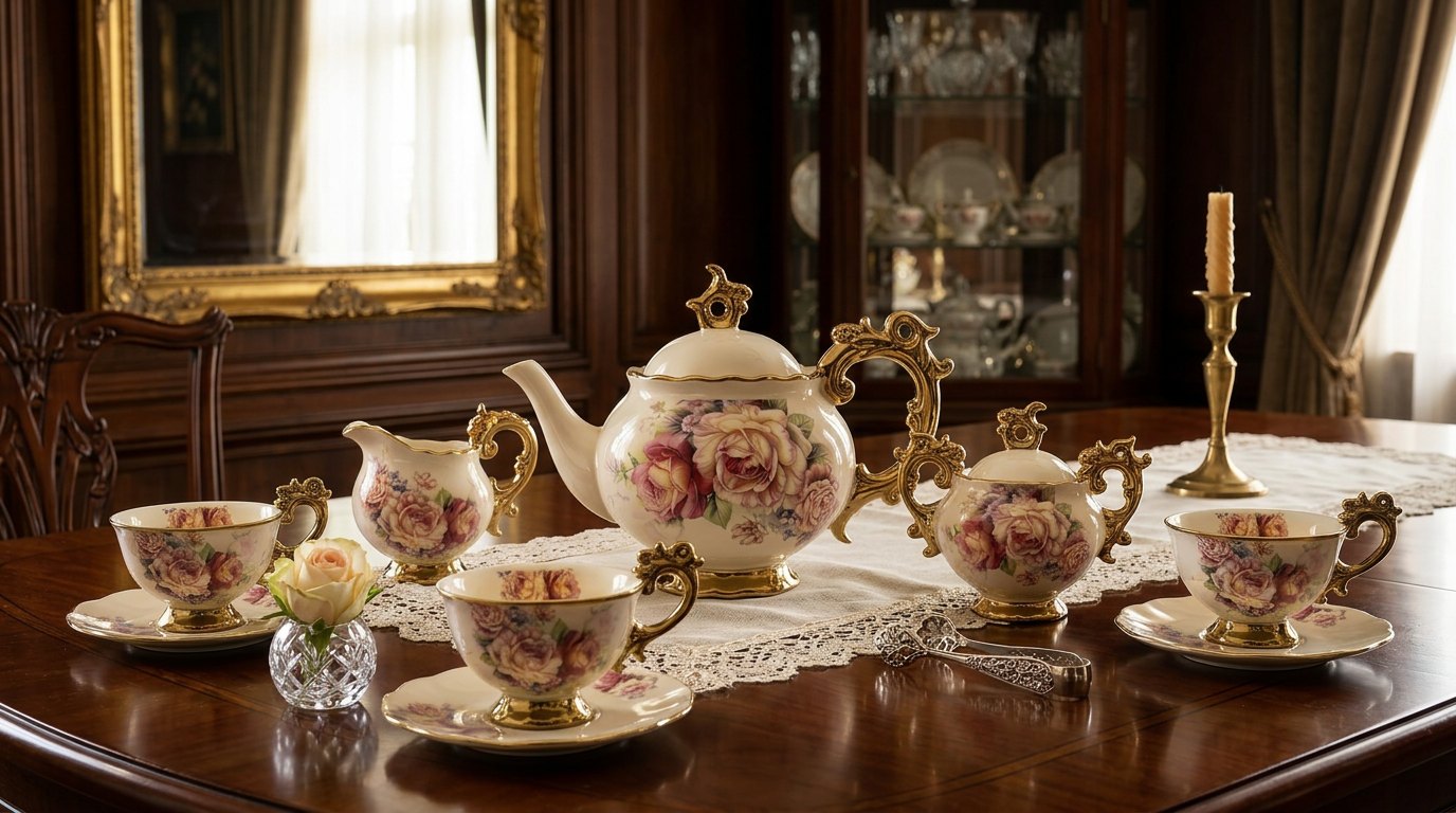 Floral porcelain tea set with gold accents on a lace runner on a dark wooden dining table