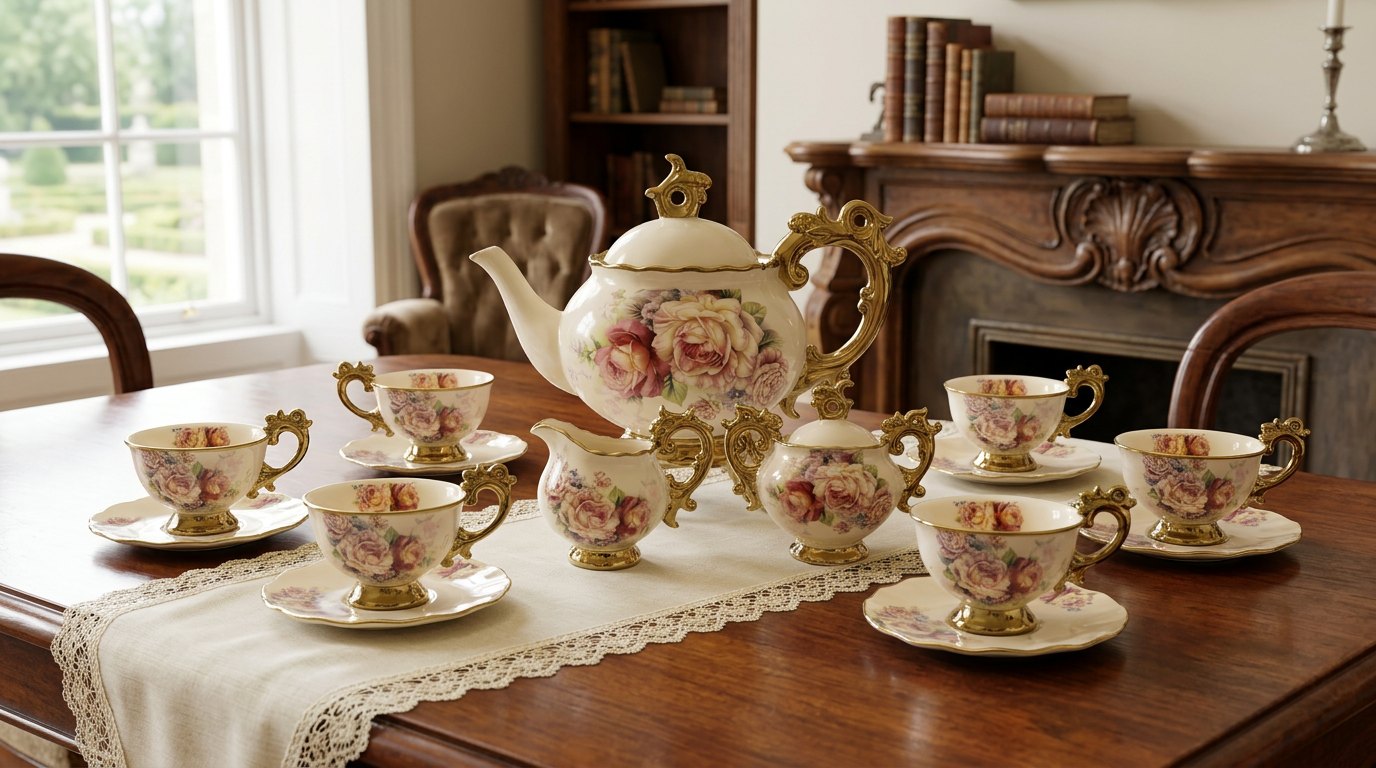 Floral porcelain teapot surrounded by cups and saucers on a wooden table in a sitting room with a fireplace