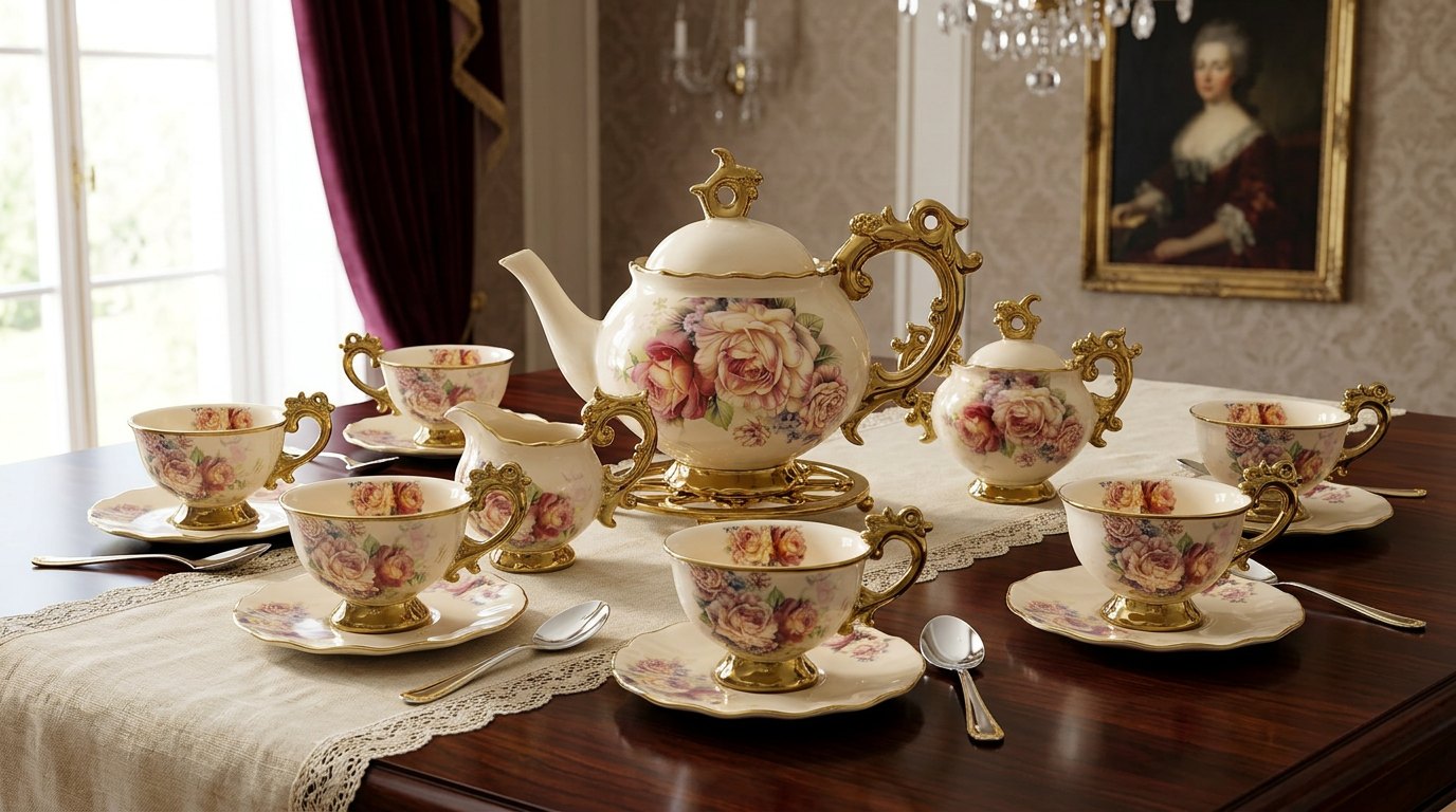 Gold-trimmed floral tea set on a lace runner on a dark wood table with a painting and candle sconces in the background