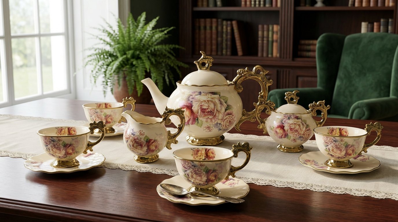 Floral tea set on a table in a cozy library corner with a green armchair and a large potted plant