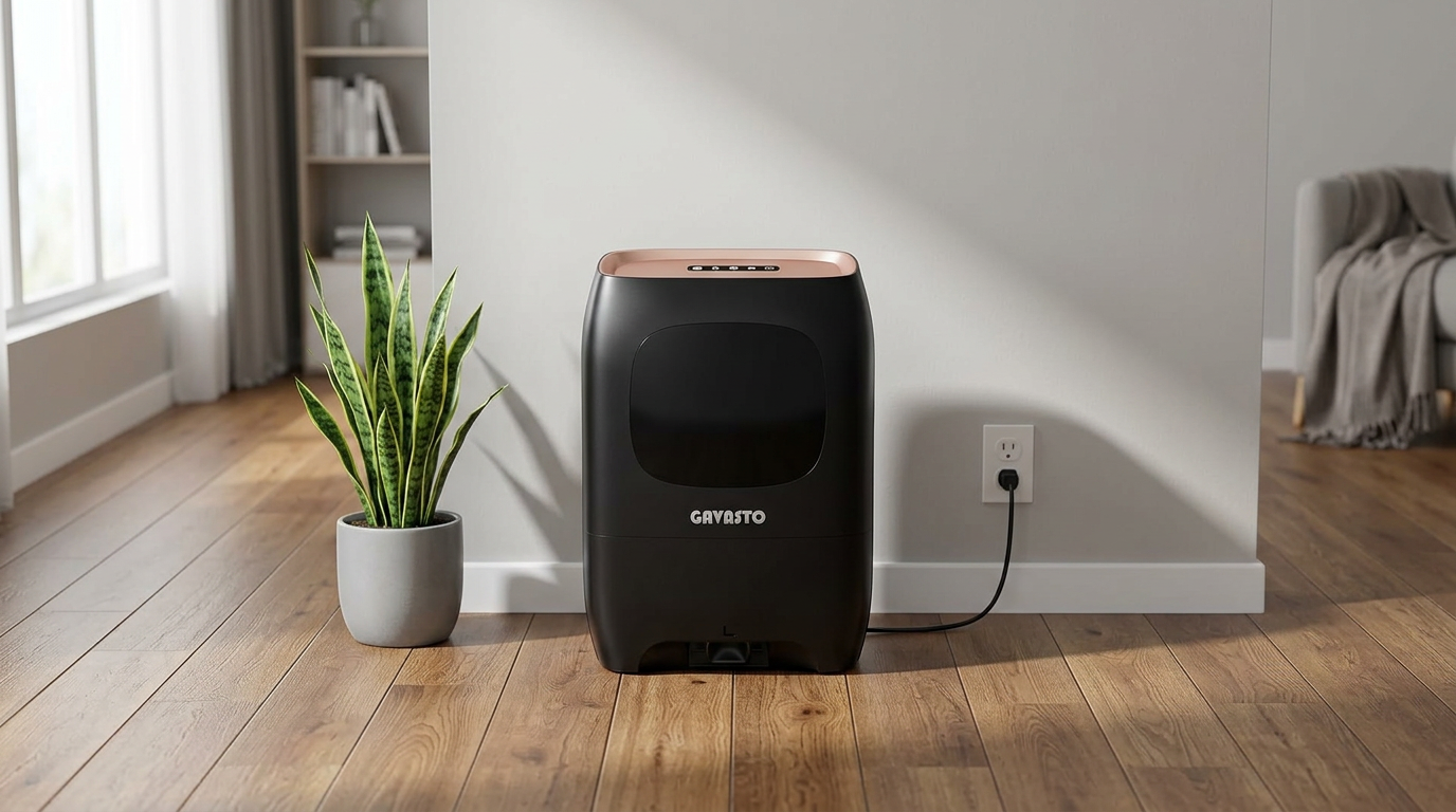GAVASTO Pro touchless vacuum standing against a living room wall, plugged into a nearby outlet