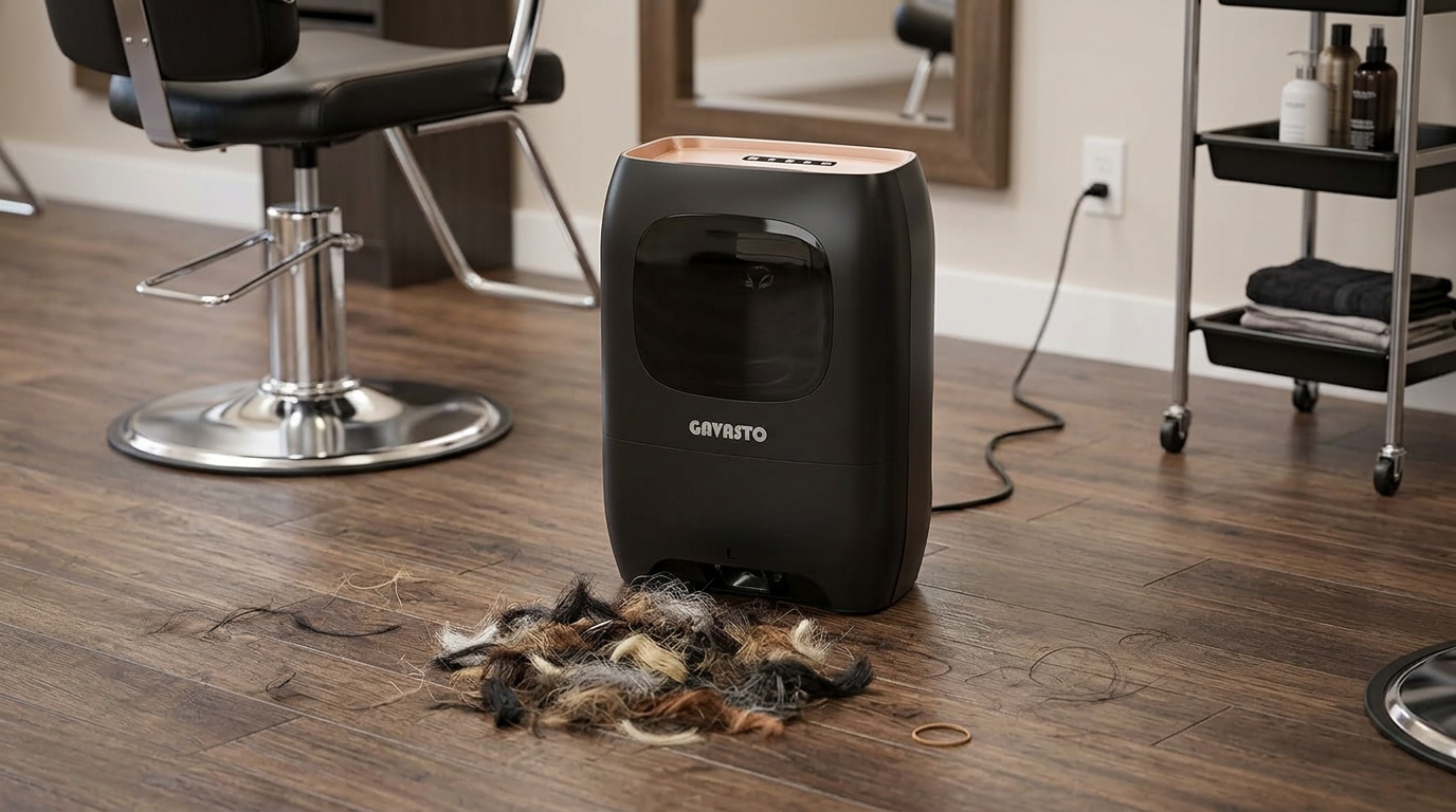 A pile of cut hair swept in front of the GAVASTO Pro next to a salon chair