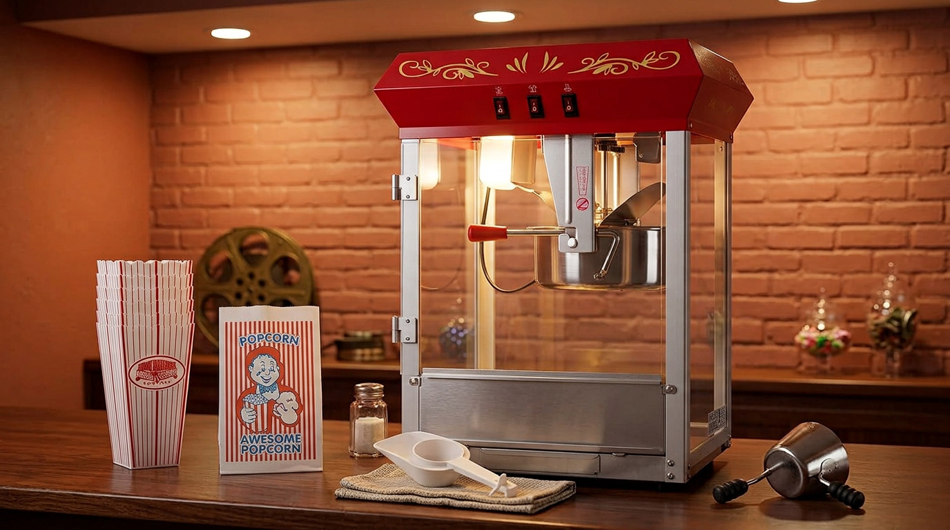 Illustration of the red Great Northern Foundation popcorn machine on a bar in front of a brick wall