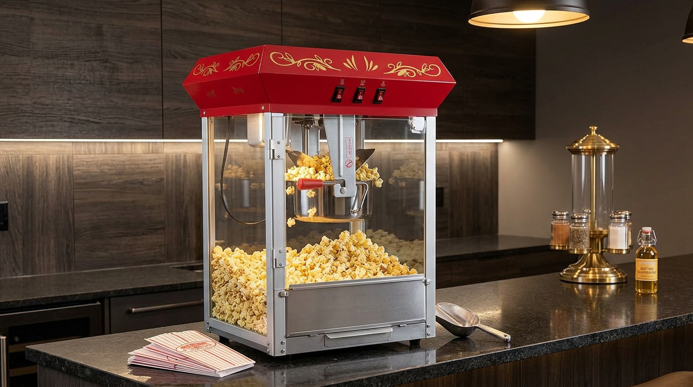 Illustration of the Great Northern popcorn machine on a dark kitchen counter