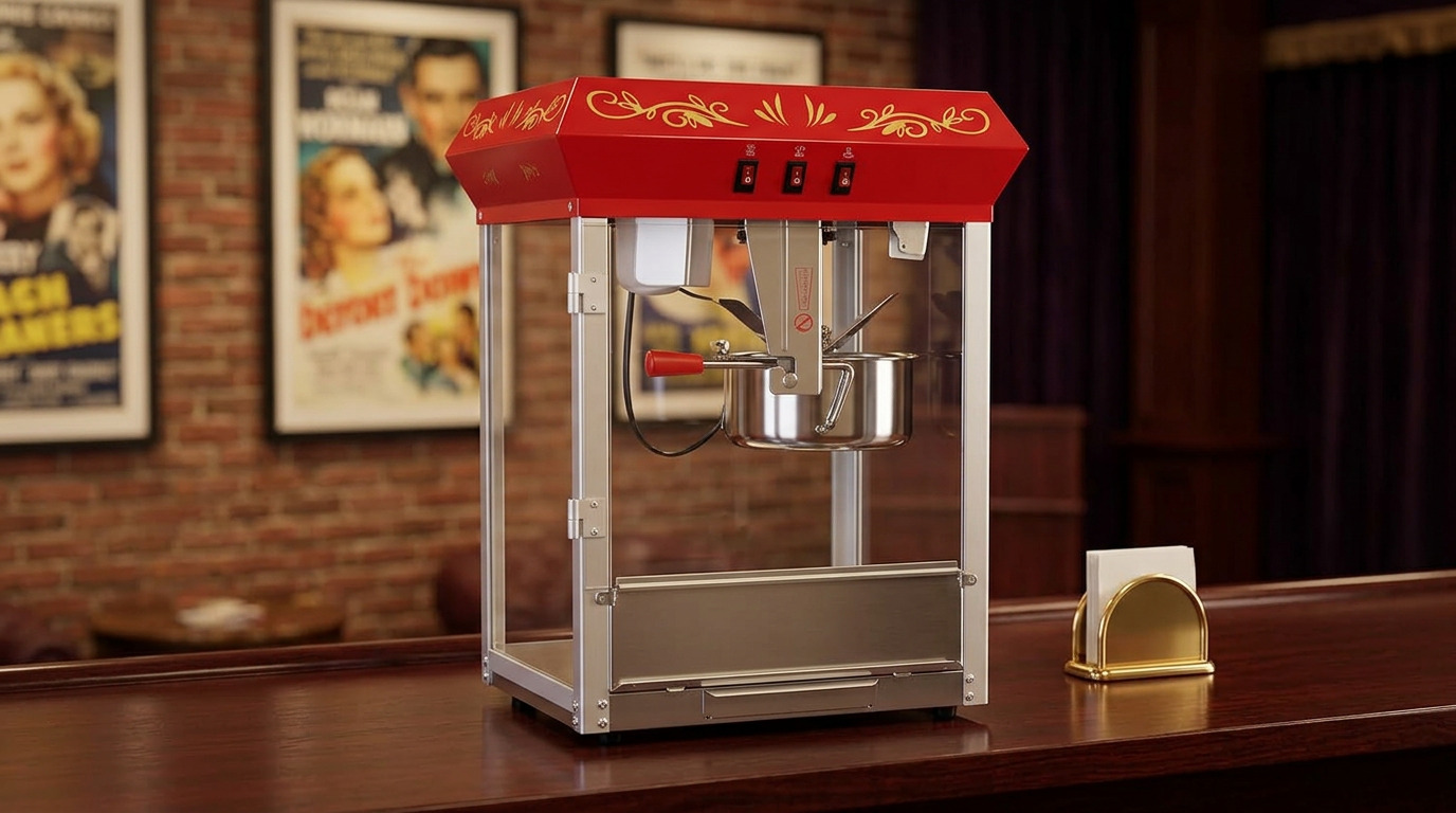 Illustration of the Great Northern popcorn machine on a bar with vintage movie posters