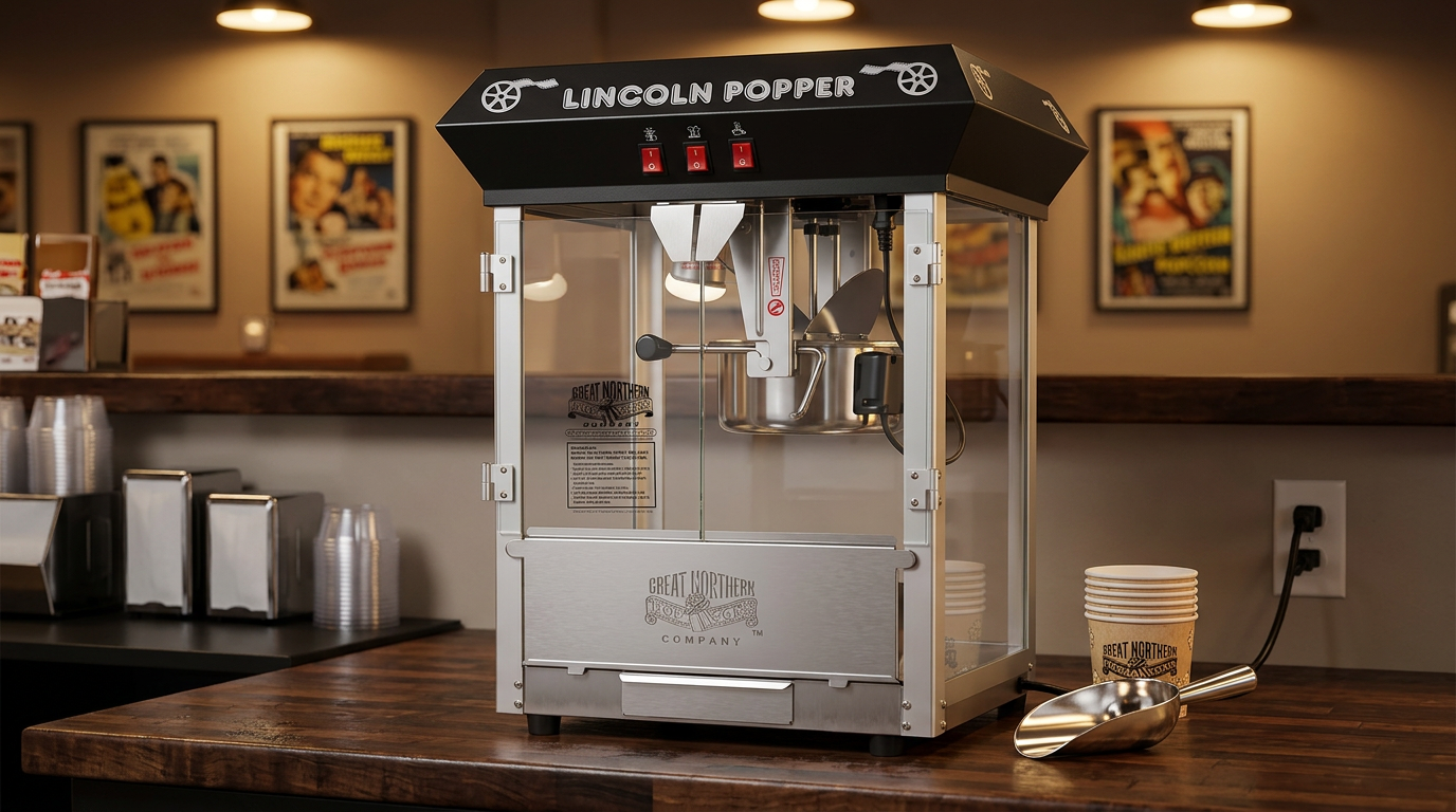 Great Northern Lincoln 8 oz countertop popcorn machine on a wooden counter in a home theater bar