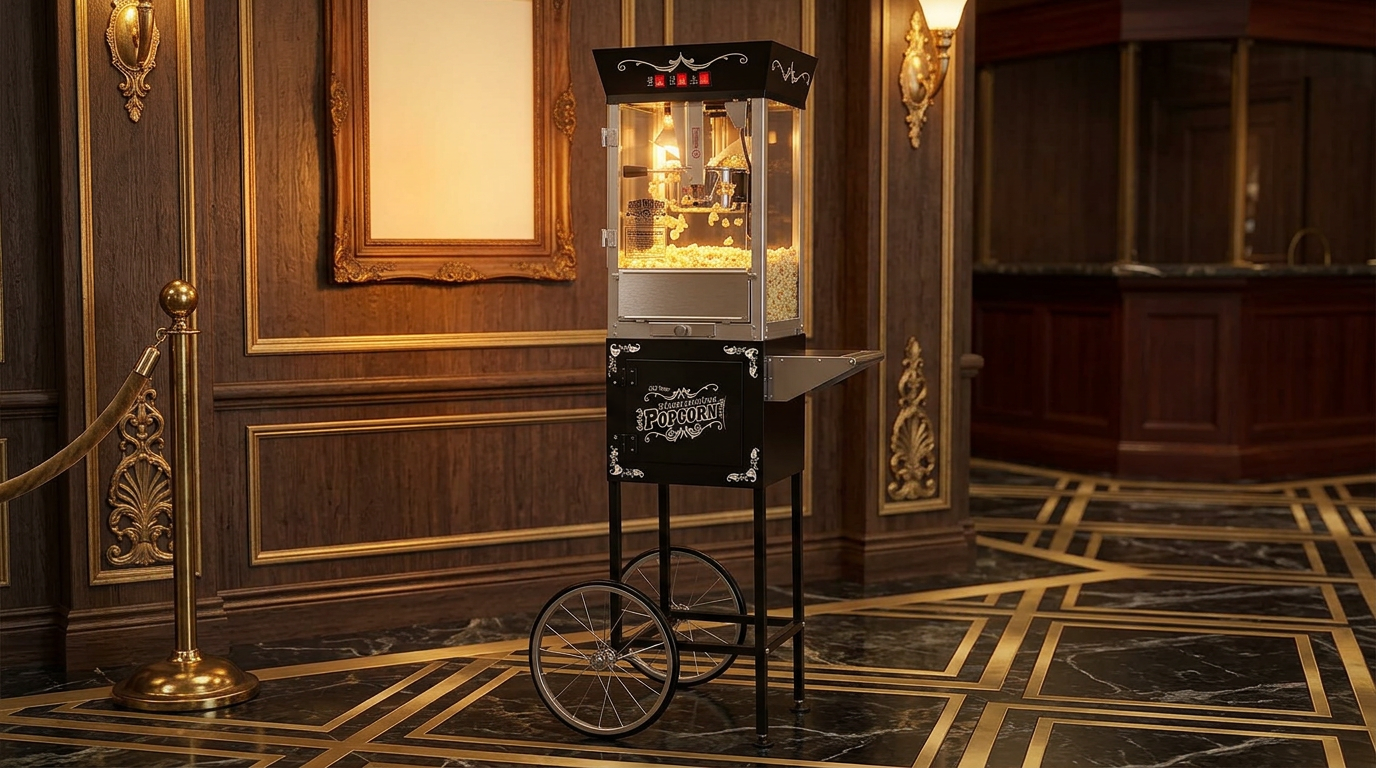 Great Northern Matinee popcorn machine on its cart in a theater-style lobby