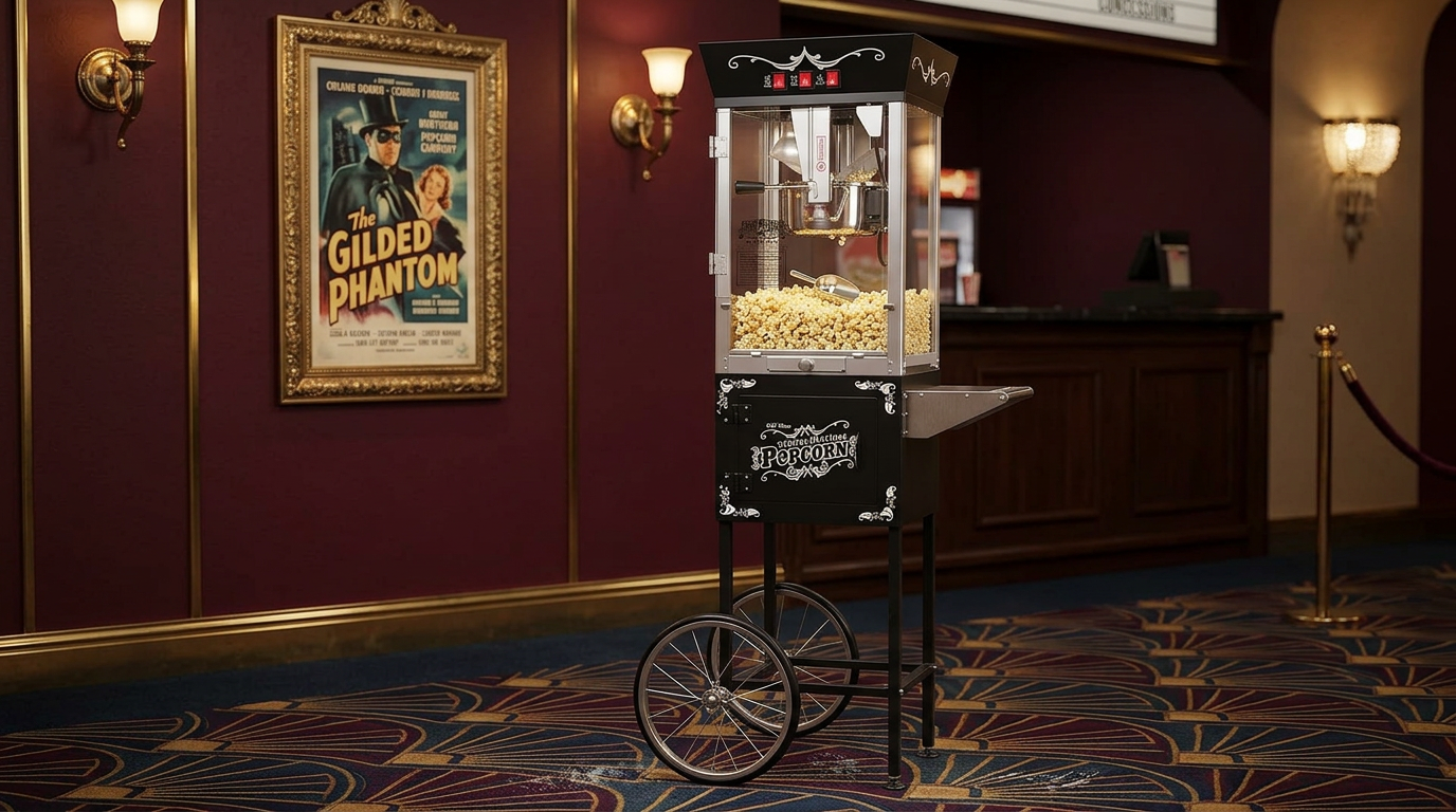 Great Northern Matinee popcorn machine on its wheeled cart next to a framed poster