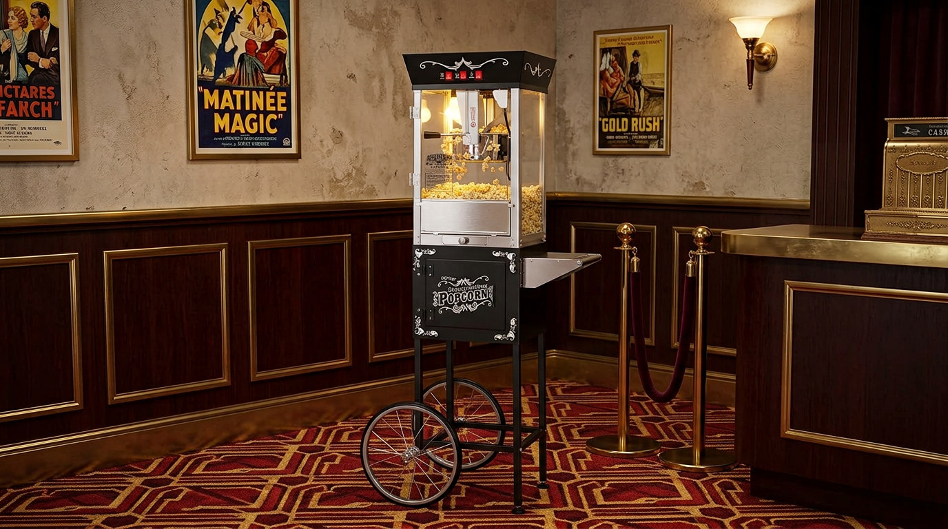 Close view of the Great Northern Matinee popcorn machine showing its glass cabinet and kettle