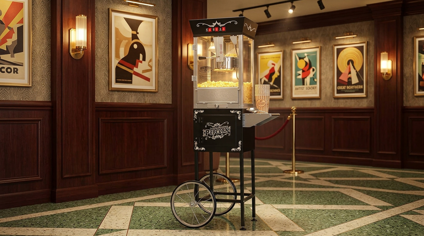 Great Northern Matinee popcorn cart with bicycle-style wheels and storage cabinet