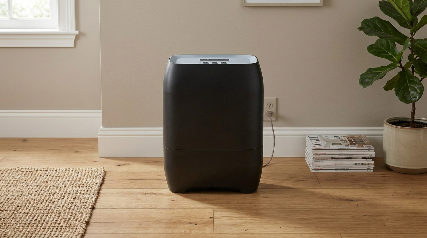 Hiwoor touchless vacuum dustpan standing on a wooden floor