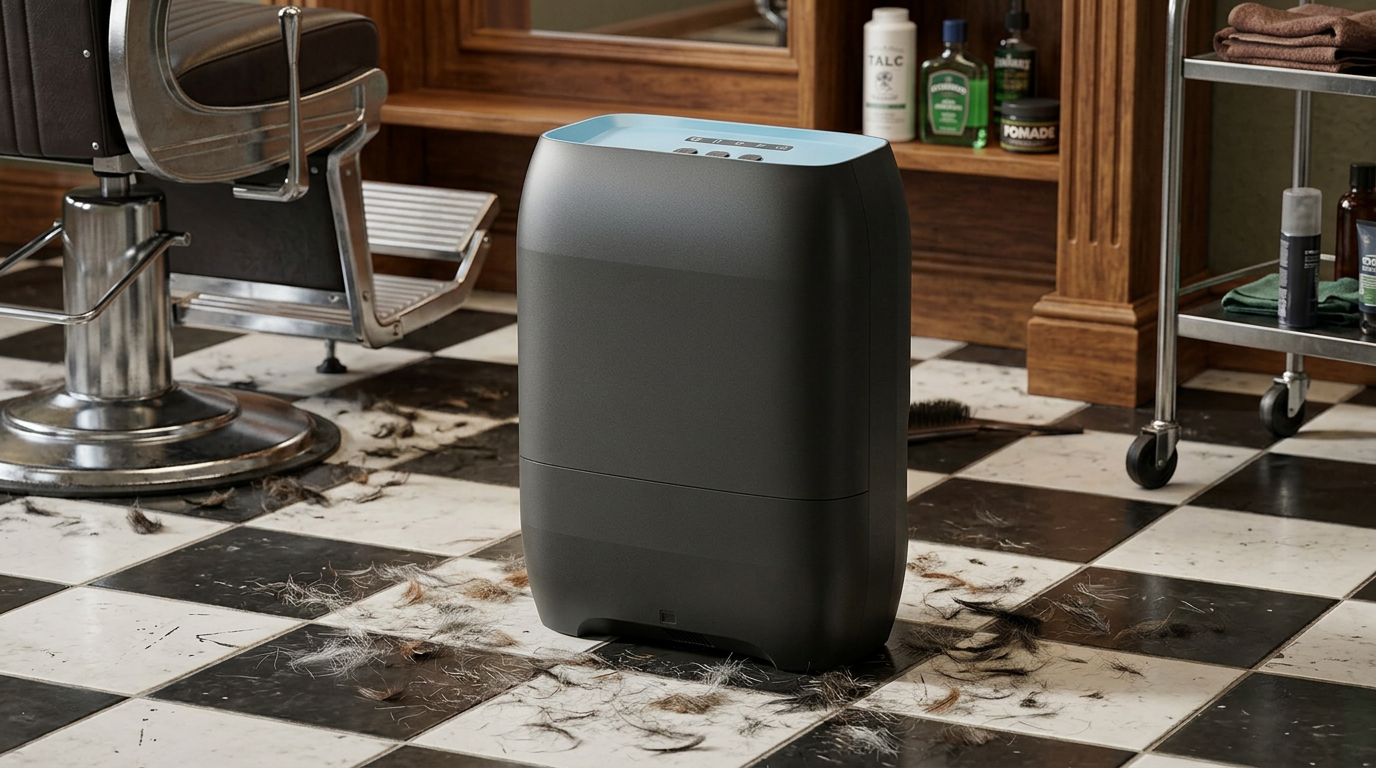 Hiwoor touchless vacuum dustpan in a barbershop with a checkered floor