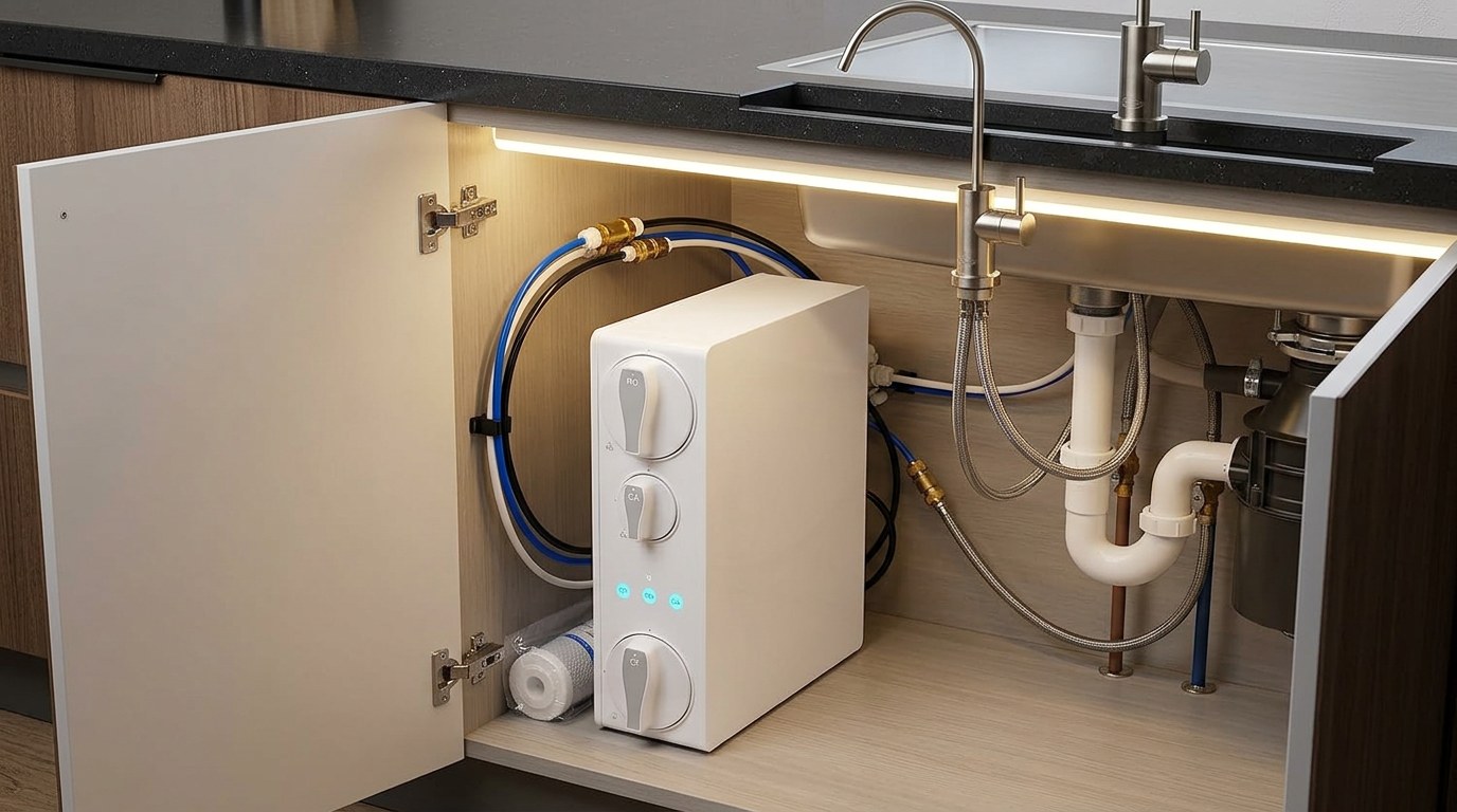 Illustration of the iSpring RO500AK installed in an under-sink kitchen cabinet next to the drain pipes