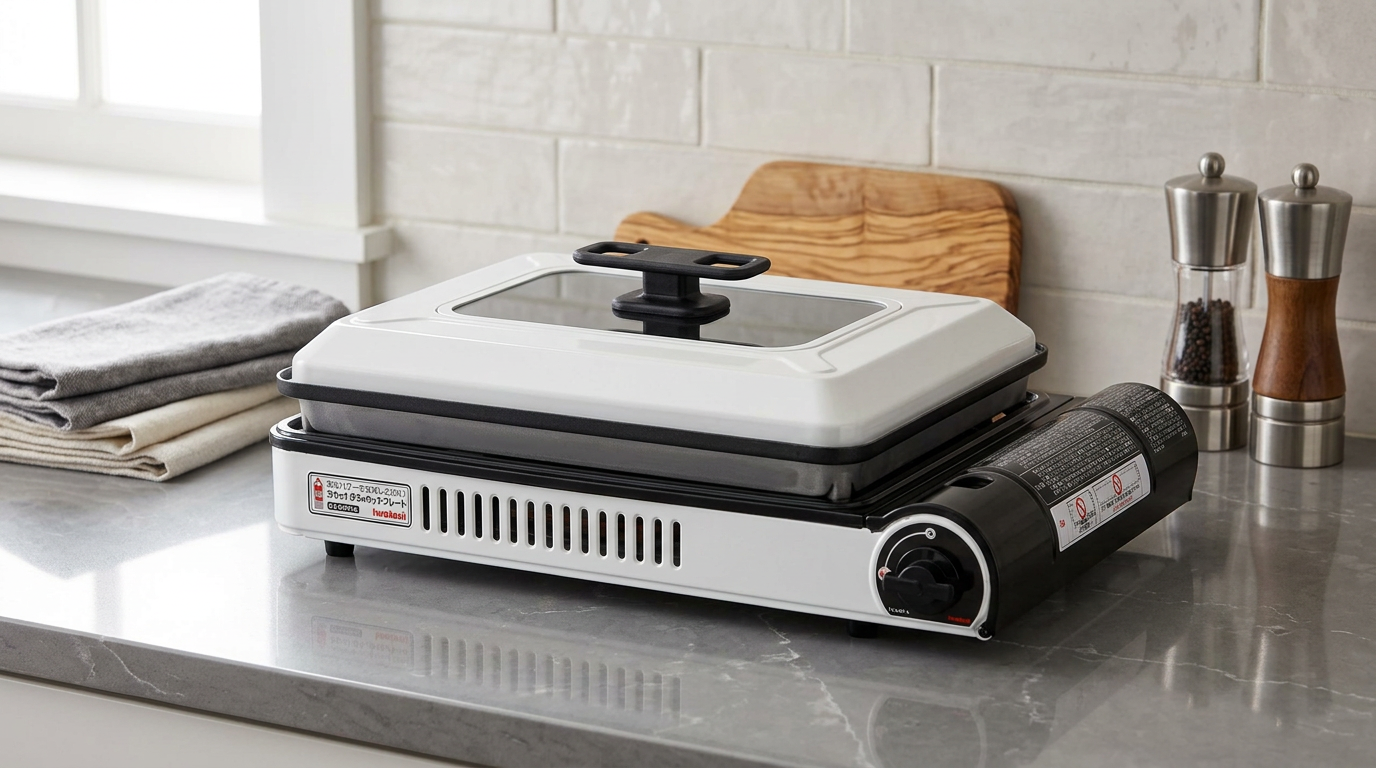 Iwatani CB-GHP-A cassette gas hot plate with its lid on a kitchen counter