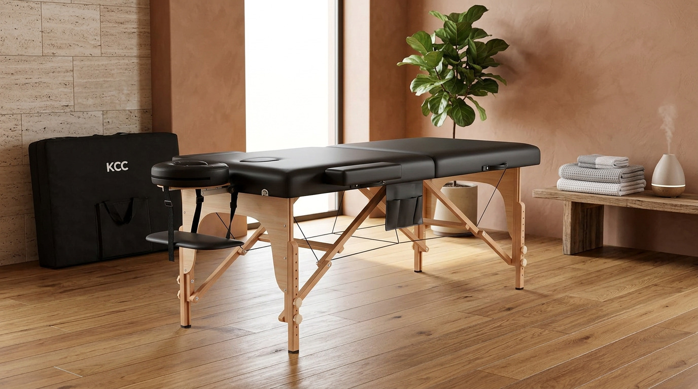 Illustration of the KCC folding massage table in a bright room with its carry case