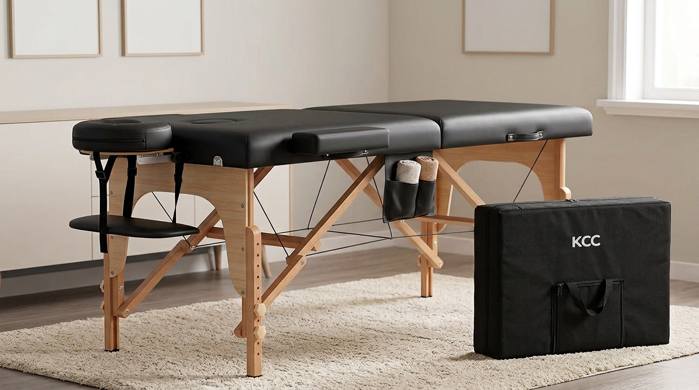 Illustration of the KCC massage table on a rug with its carry case