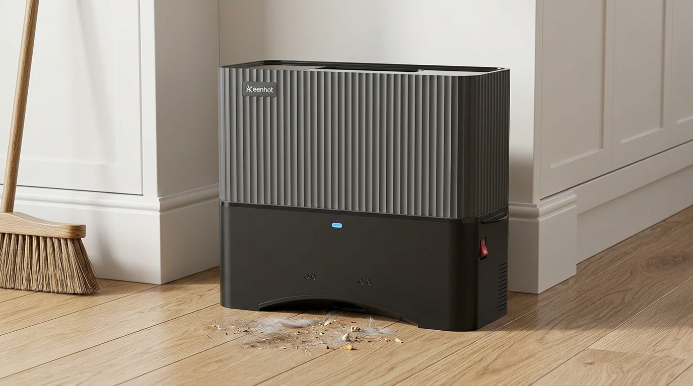 Keenhot Touchless Vacuum on the floor next to a broom
