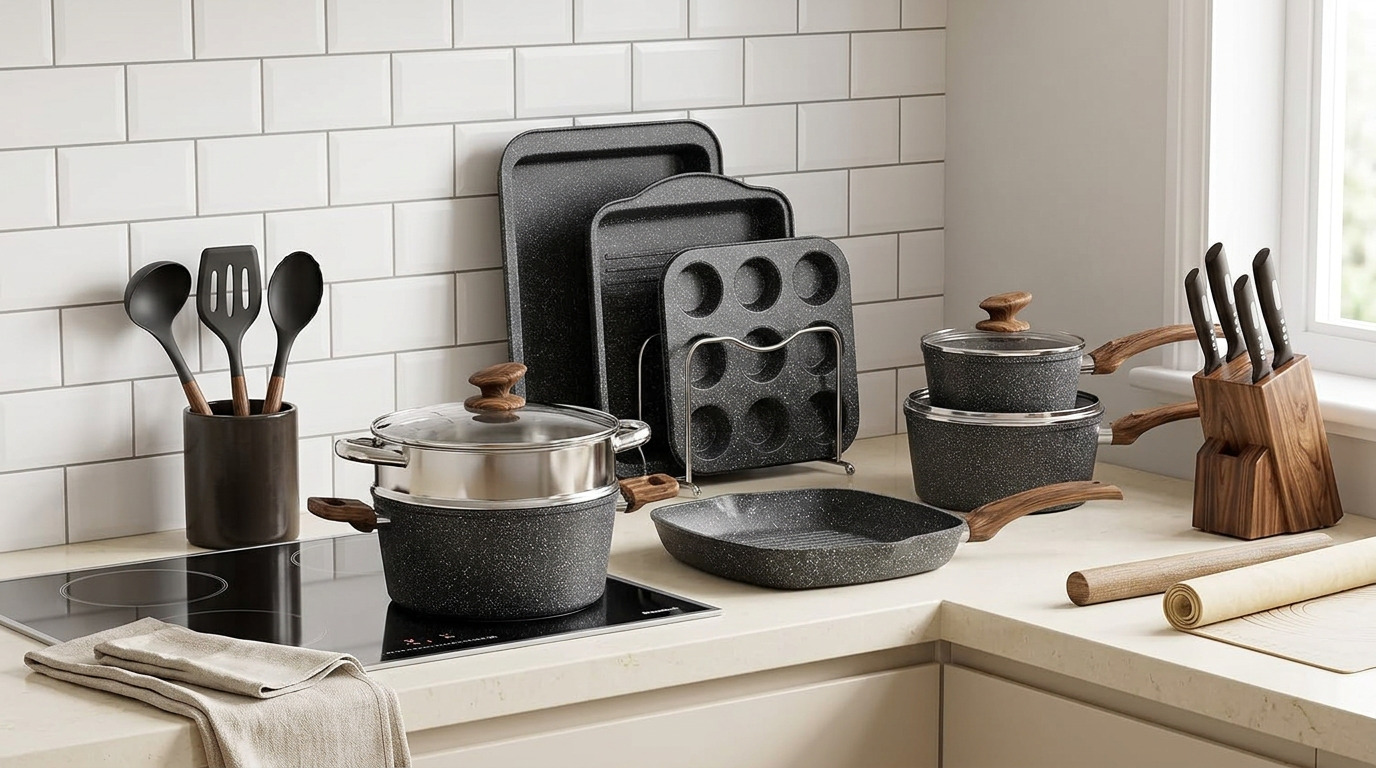 Illustration of the Kitchen Academy granite cookware and bakeware set on an induction cooktop