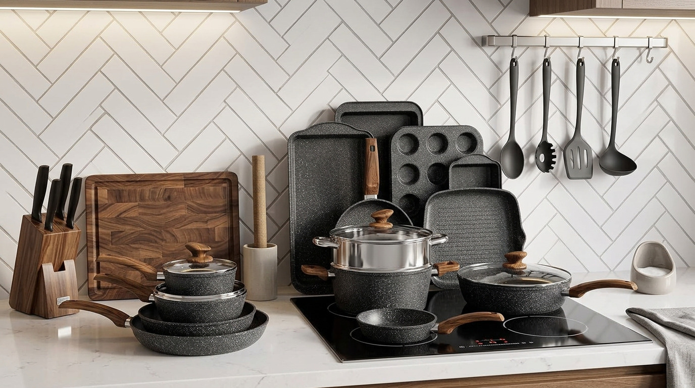 Illustration of Kitchen Academy pots and pans in front of a white herringbone tile wall